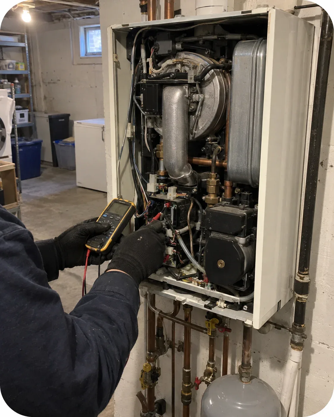 Technician servicing a wall-mounted boiler in an Ottawa home