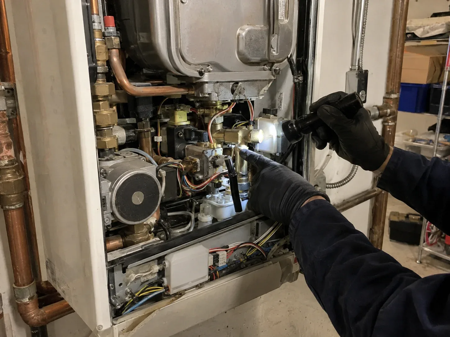 Inside an older boiler during boiler repair near me in Ottawa, showing its pump, valves and controls
