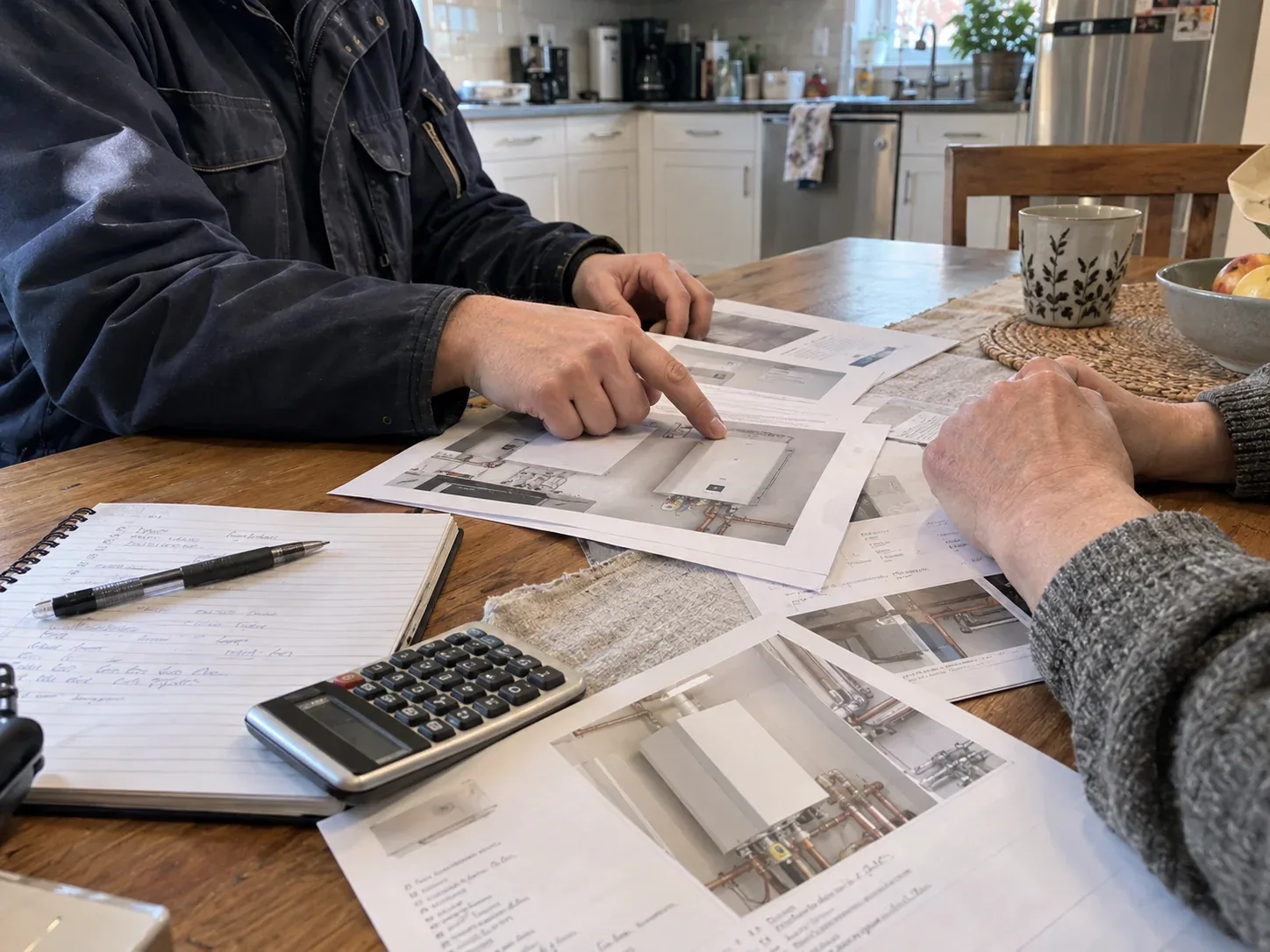 Technician reviewing residential boiler installation options and a written quote