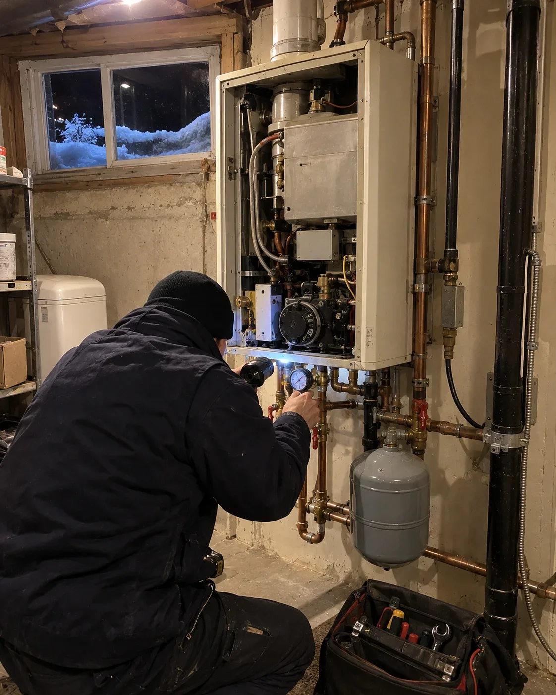 Emergency boiler repair technician arriving at an Ottawa home on a winter night